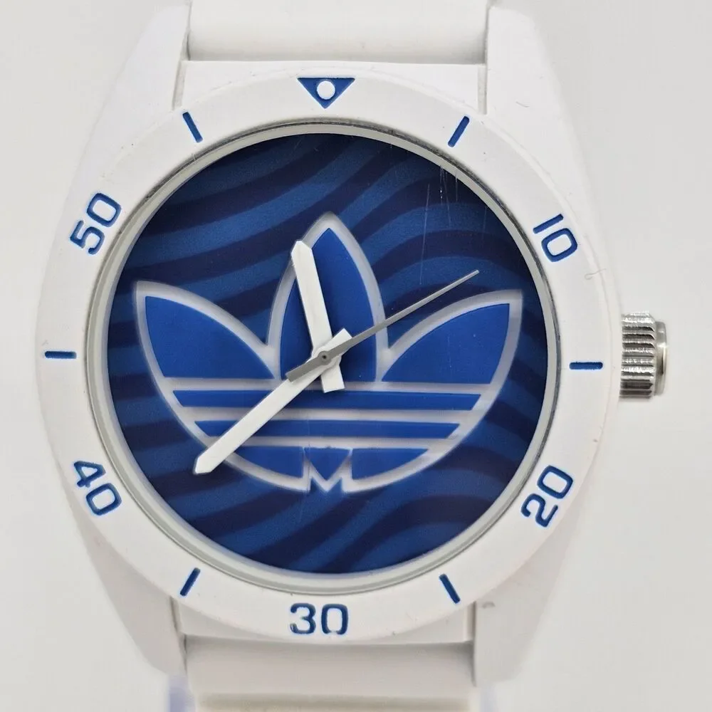 Adidas Men's Watch 41MM Blue White Dial‎ White Plastic Bands New Battery